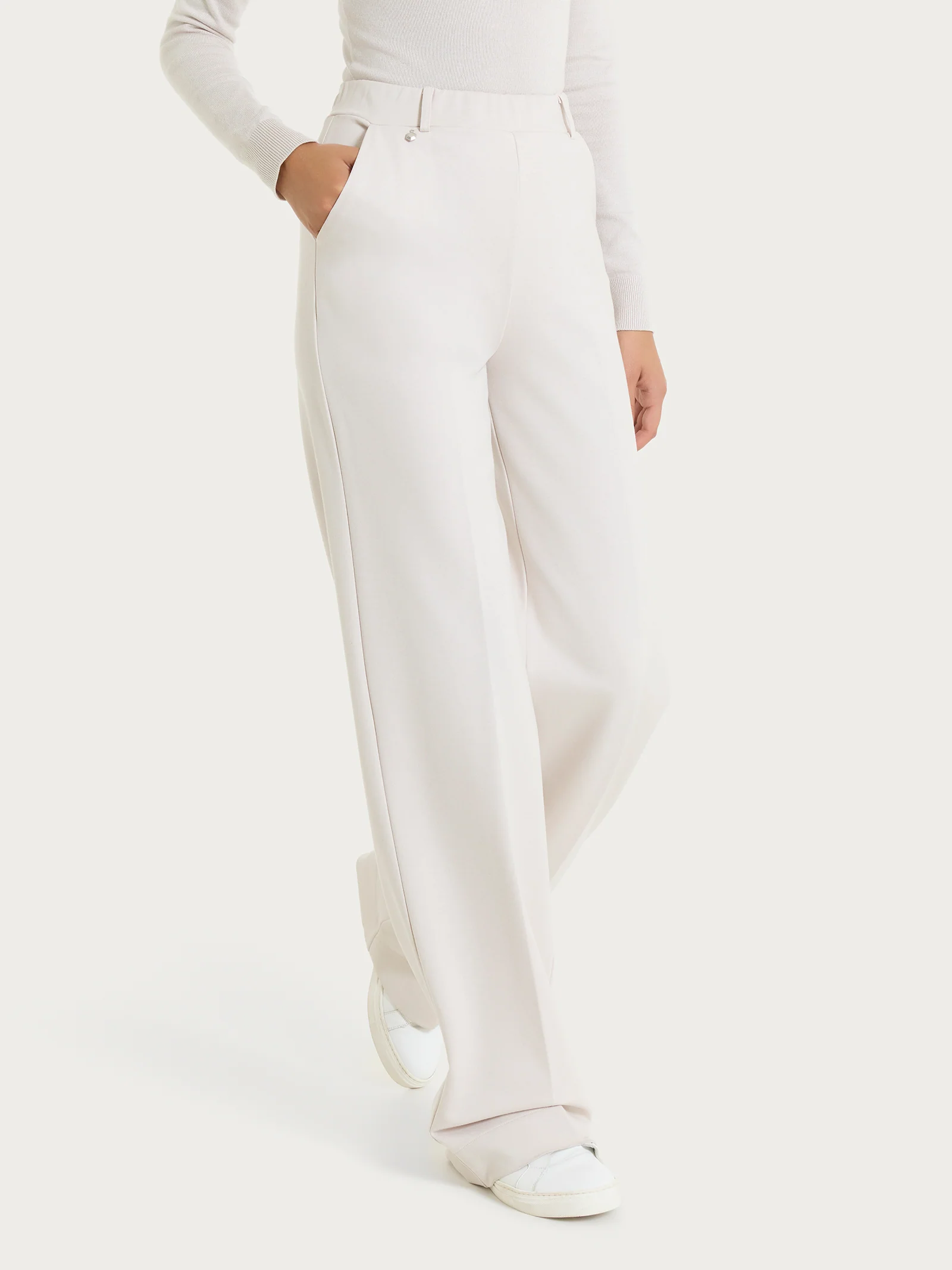 Pantalone a palazzo con tasche in Cashmere Compact - Champignon - Image 2