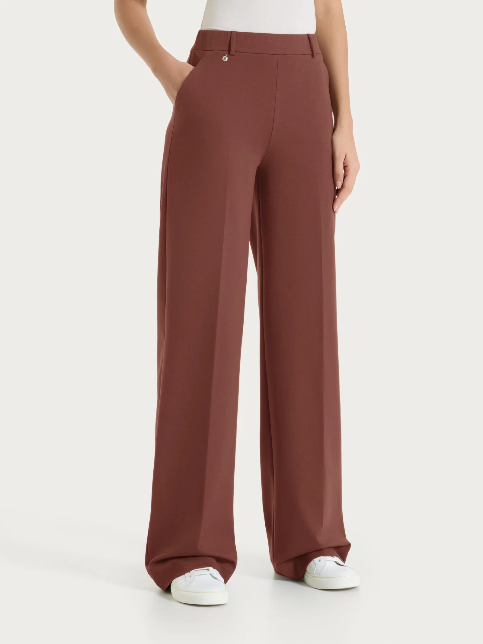 Pantalone a palazzo con tasche in Compact Light - Cappuccino