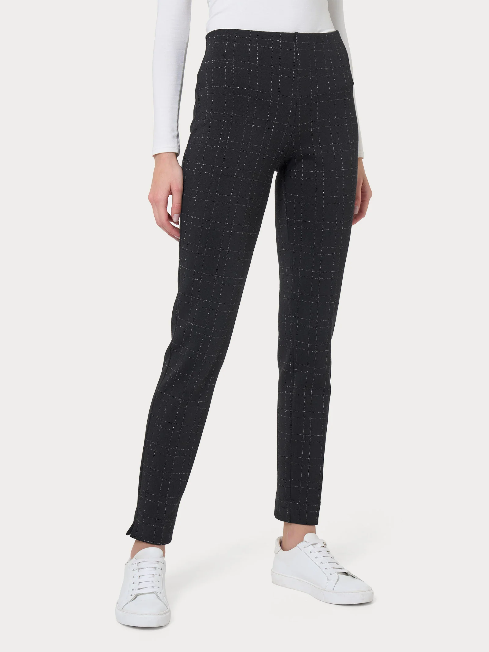 Pantalone a sigaretta con spacchetti in tessuto Eco Jacquard - Fant.Nero