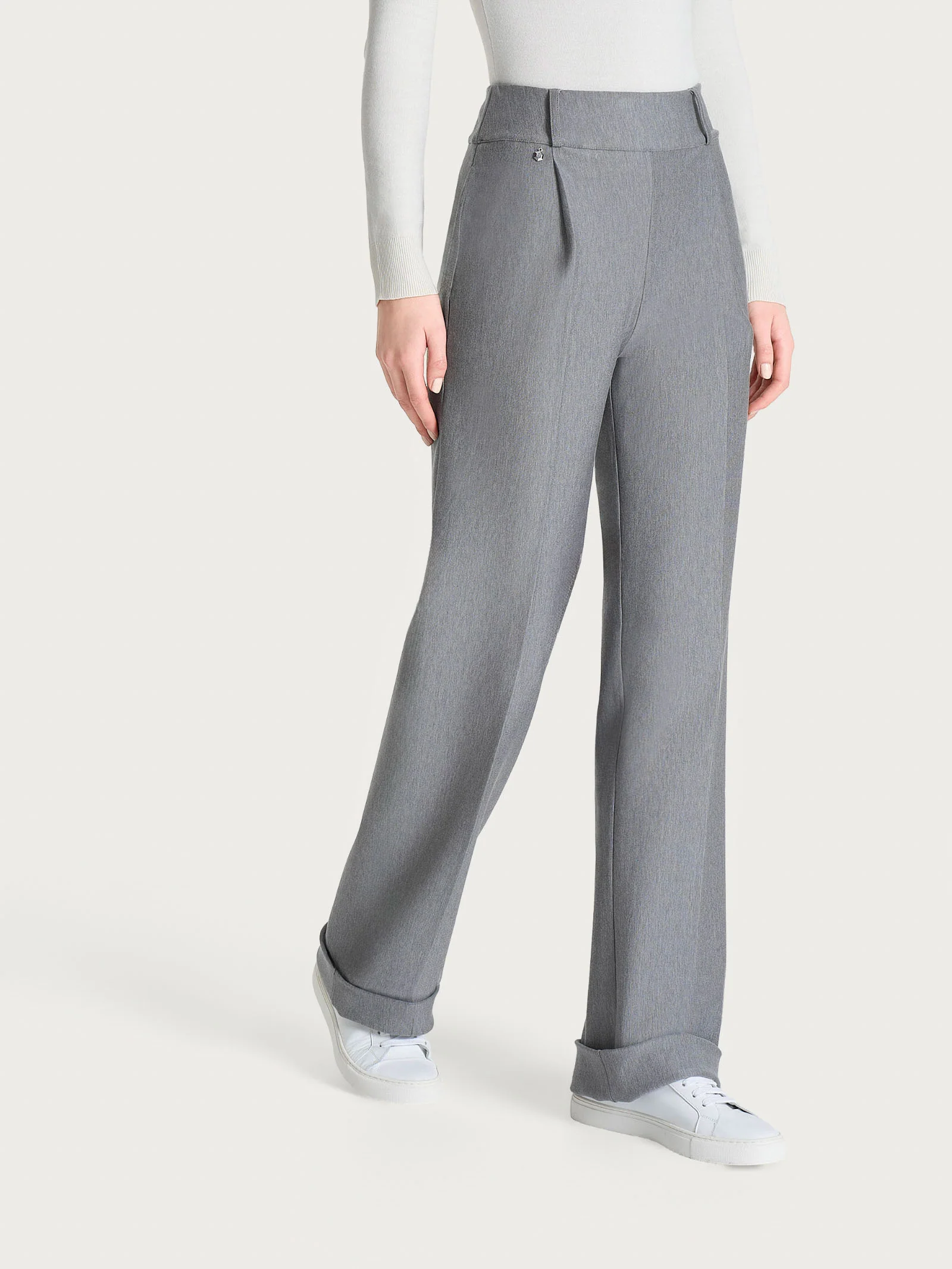 Pantalone ampio con tasche e pinces in Compact - Grigio Mel. - Image 2