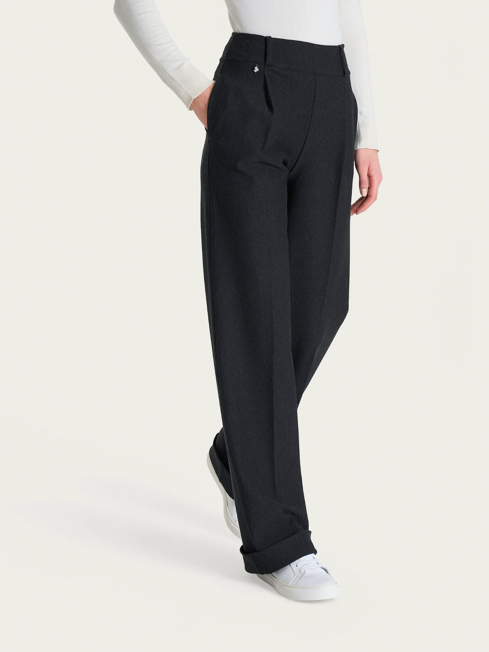 Pantalone ampio con tasche e pinces in Compact - Oscuro Mel. - Image 2