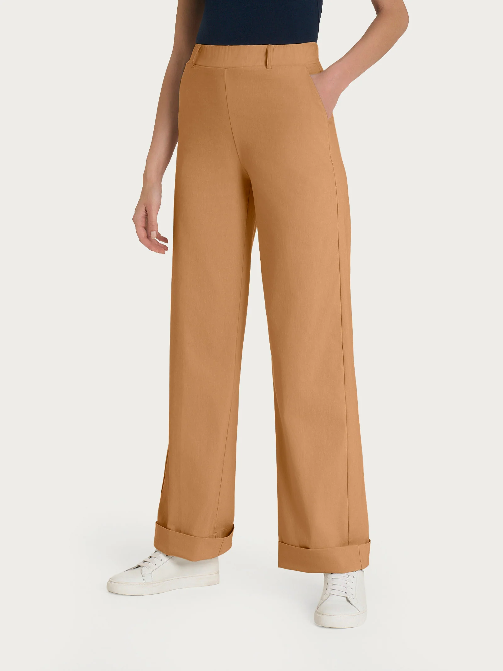 Pantalone ampio con tasche e risvolto in Super Fresh - Biscuit