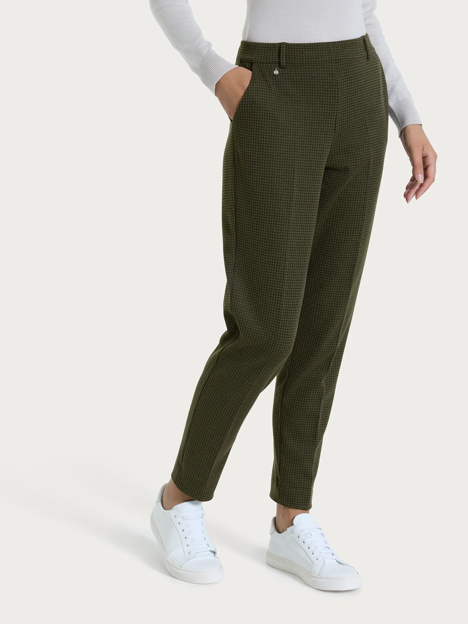 Pantalone chino slim con tasche e micro check in Eco Jacquard - Fant. Dark Olive