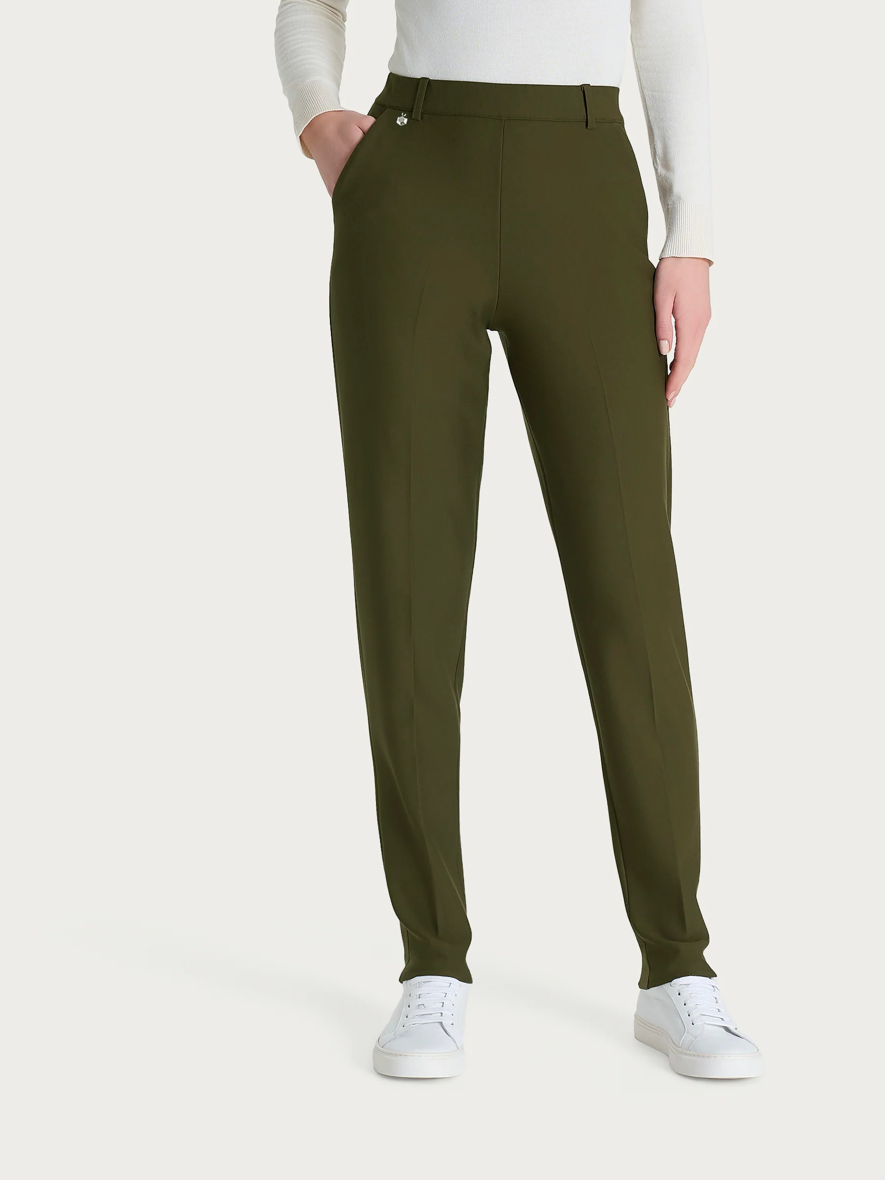 Pantalone chino slim con tasche e risvolto in Compact - Dark Olive