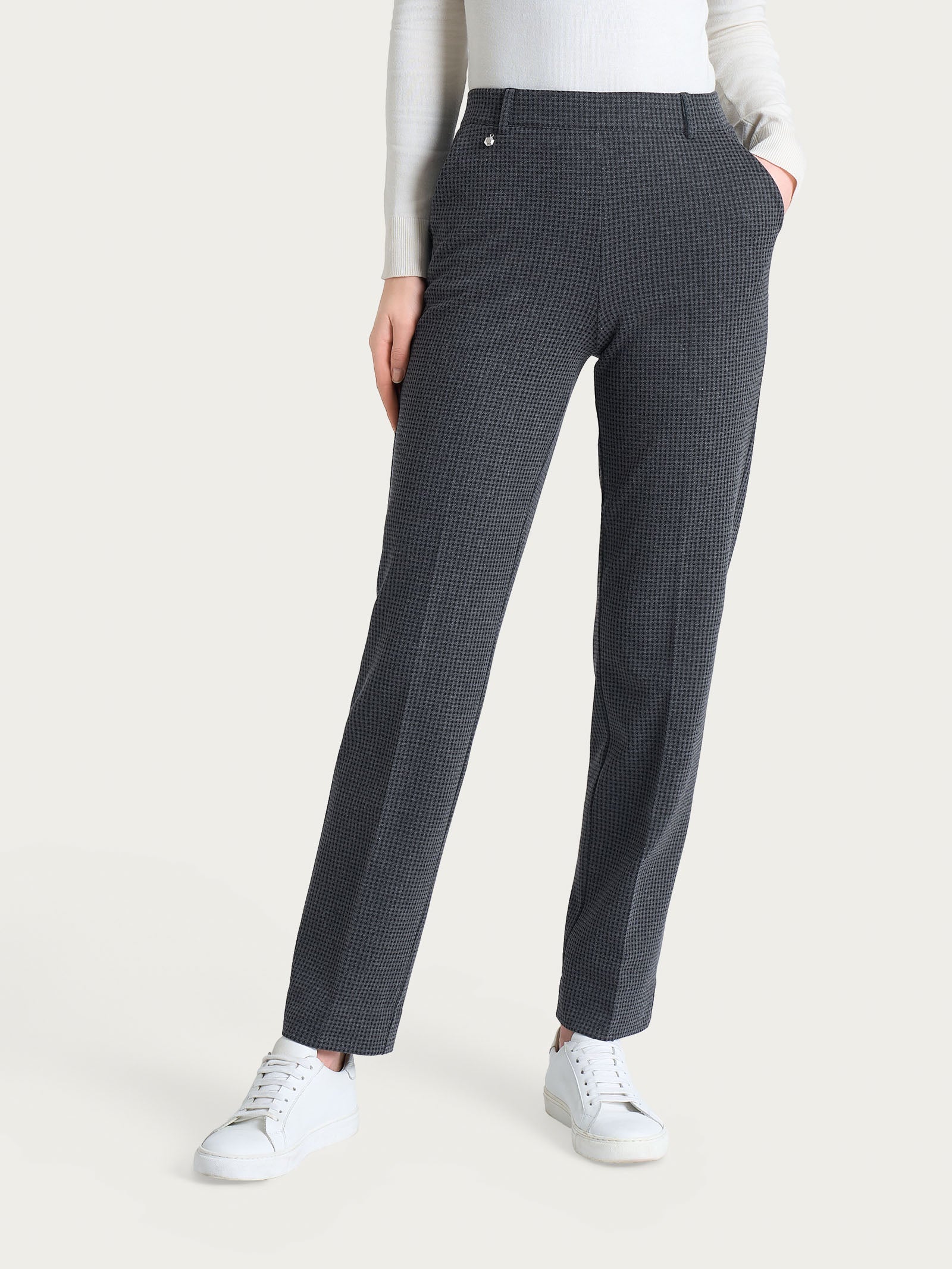 Pantalone dritto con tasche e micro check in Eco Jacquard - Fant.Ardesia Mel.