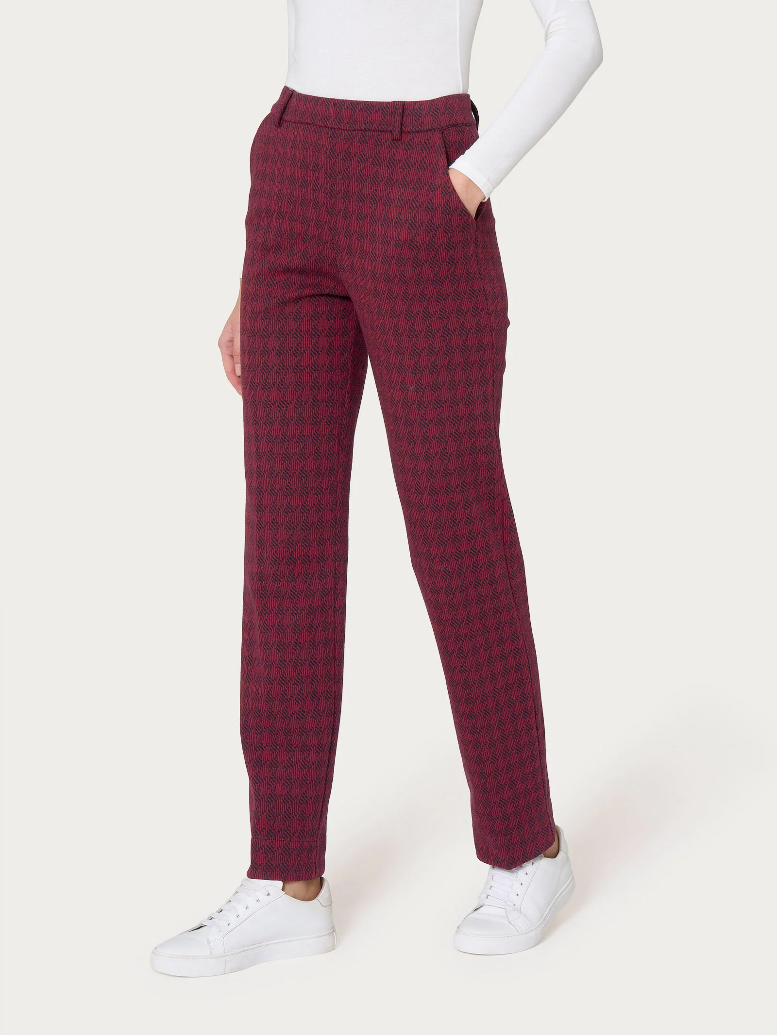 Pantalone dritto con tasche e pied de poule in Eco Jacquard - Fant. Tibetan Red