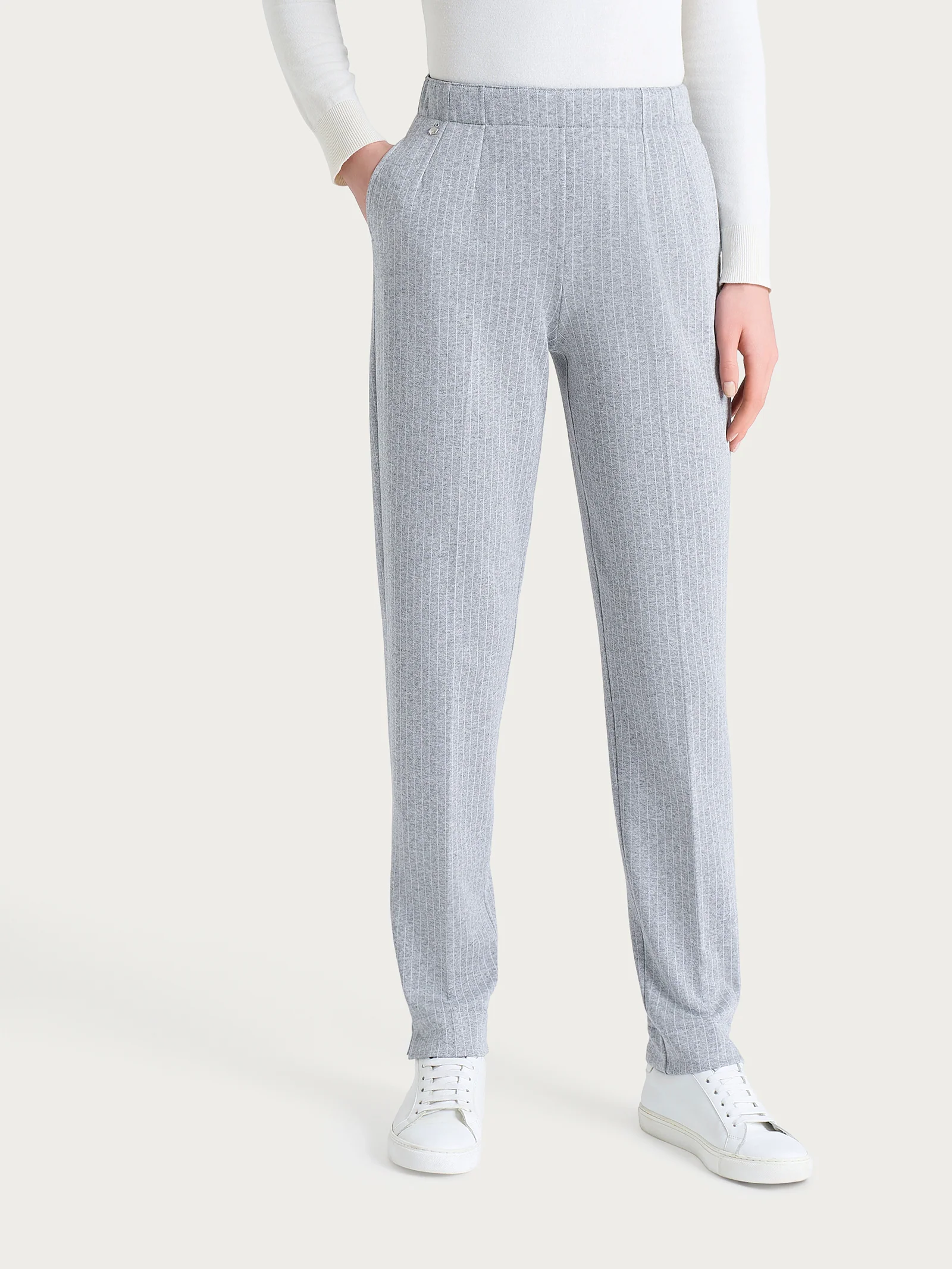 Pantalone gessato a sigaretta con spacchetti in Eco Jacquard - Fant.Grigio Mel.