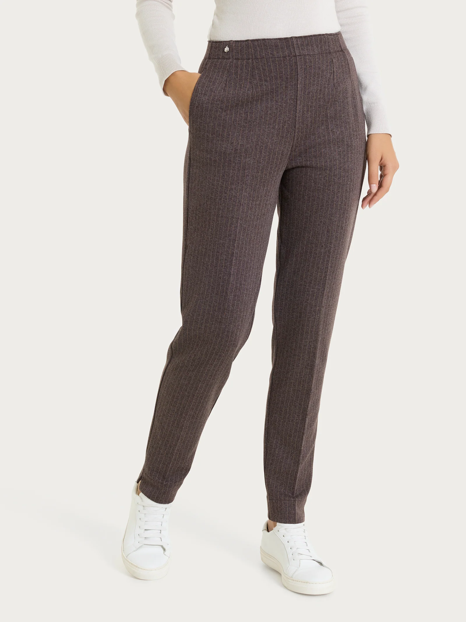 Pantalone gessato a sigaretta con spacchetti in Eco Jacquard - Fant. Chocolate Torte Mel.