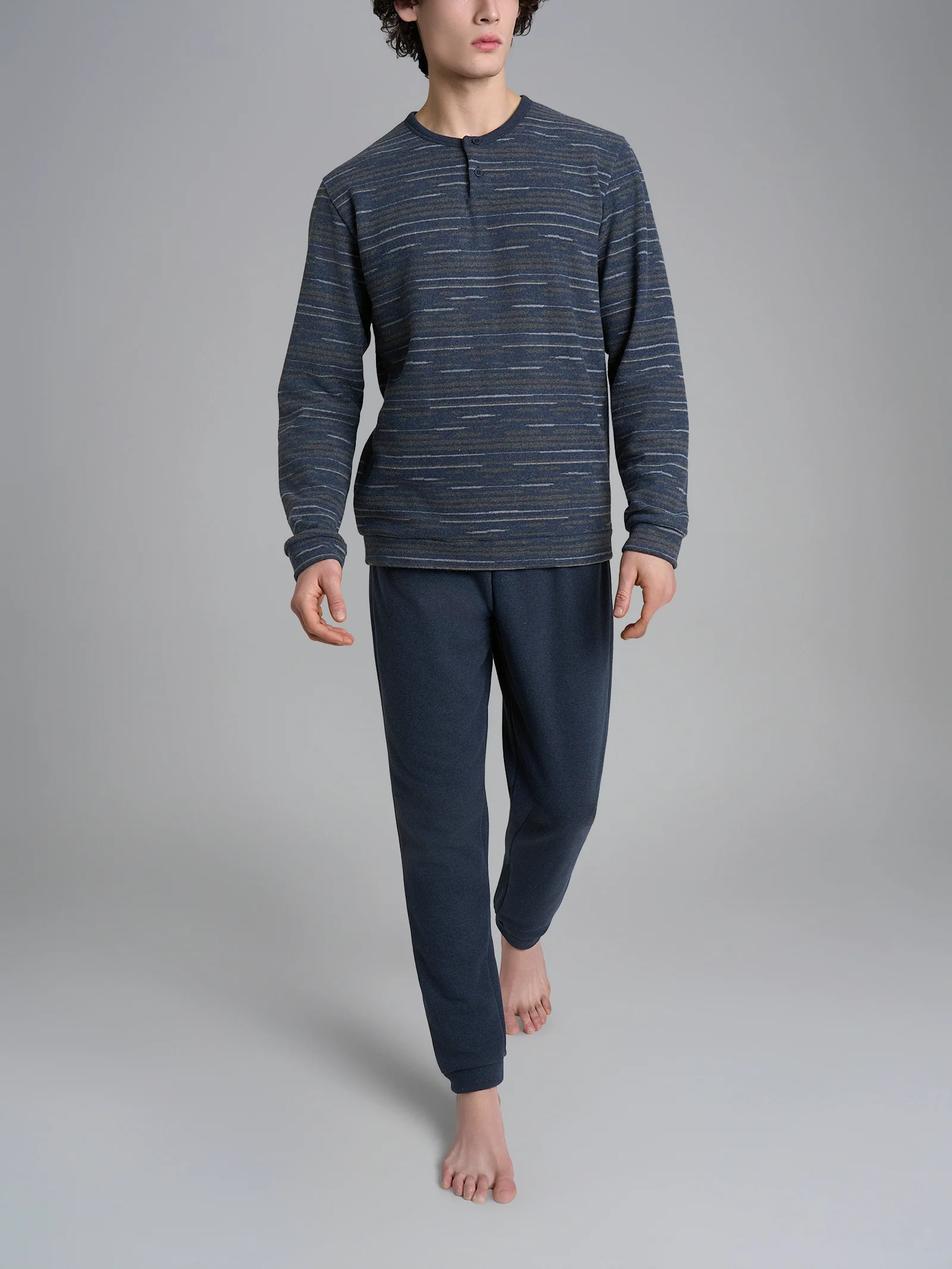 Pigiama a serafino a righe in Cotton Eco Pile - Fant.Indigo