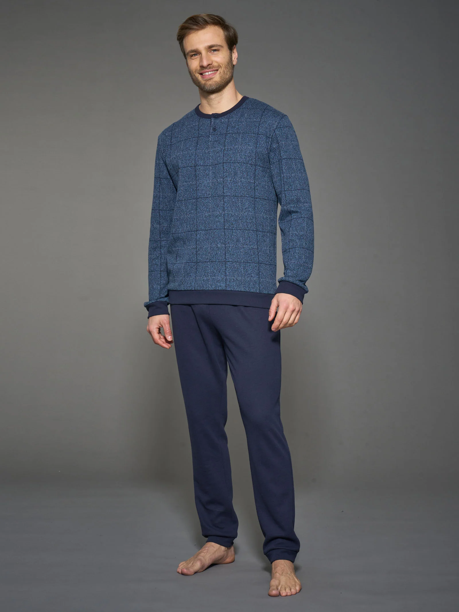 Pigiama a serafino con fantasia in Cotton Eco Pile - Fant.Denim