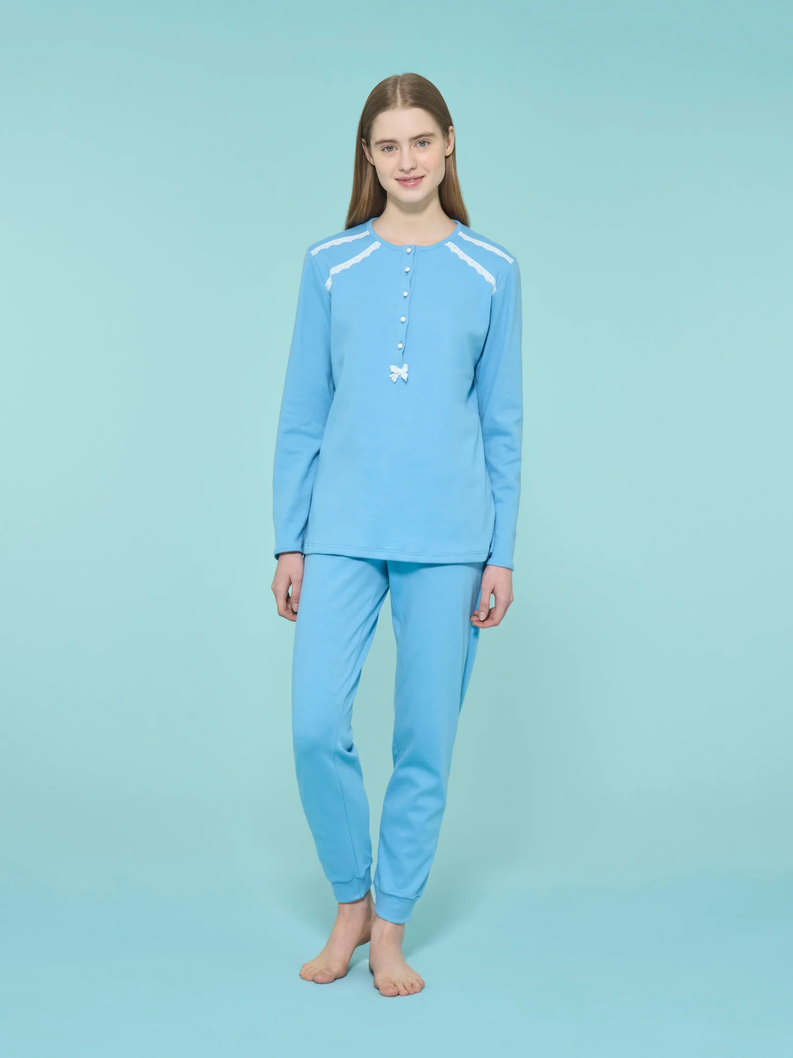 Pigiama a serafino con perline in interlock di cotone - Dusk Blue