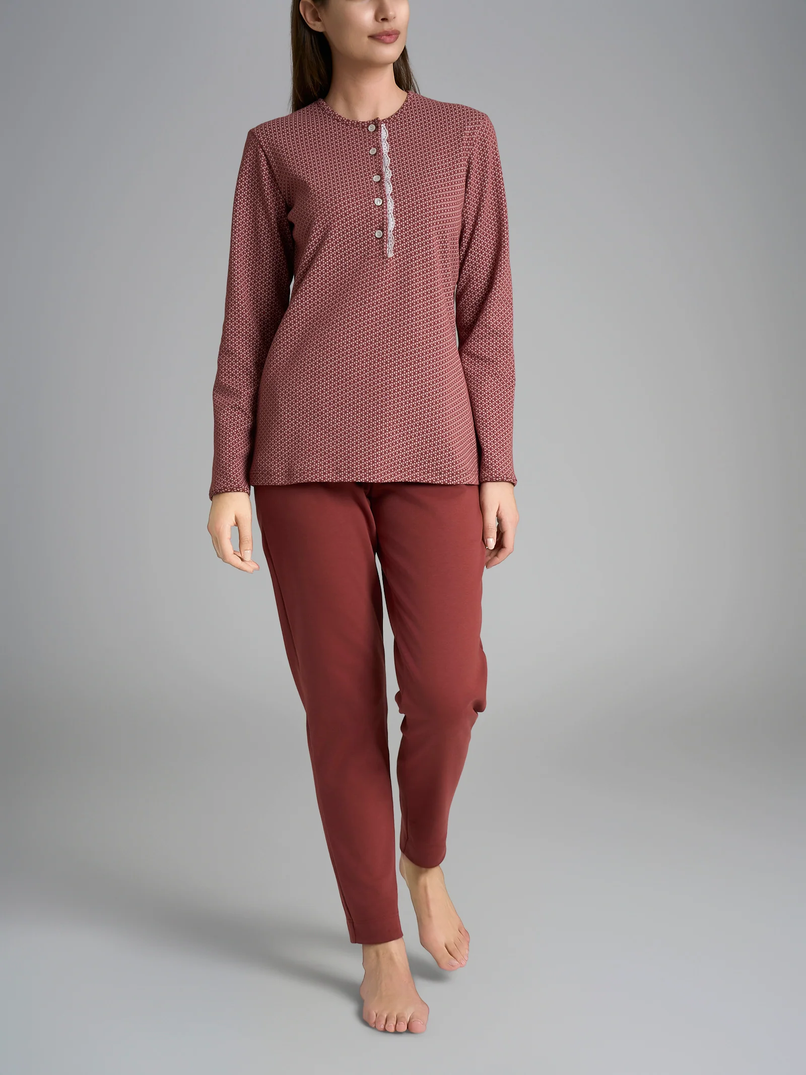 Pigiama a serafino con pizzo in Interlock di cotone 56-60 - Fant. Henna Micro Cravatier
