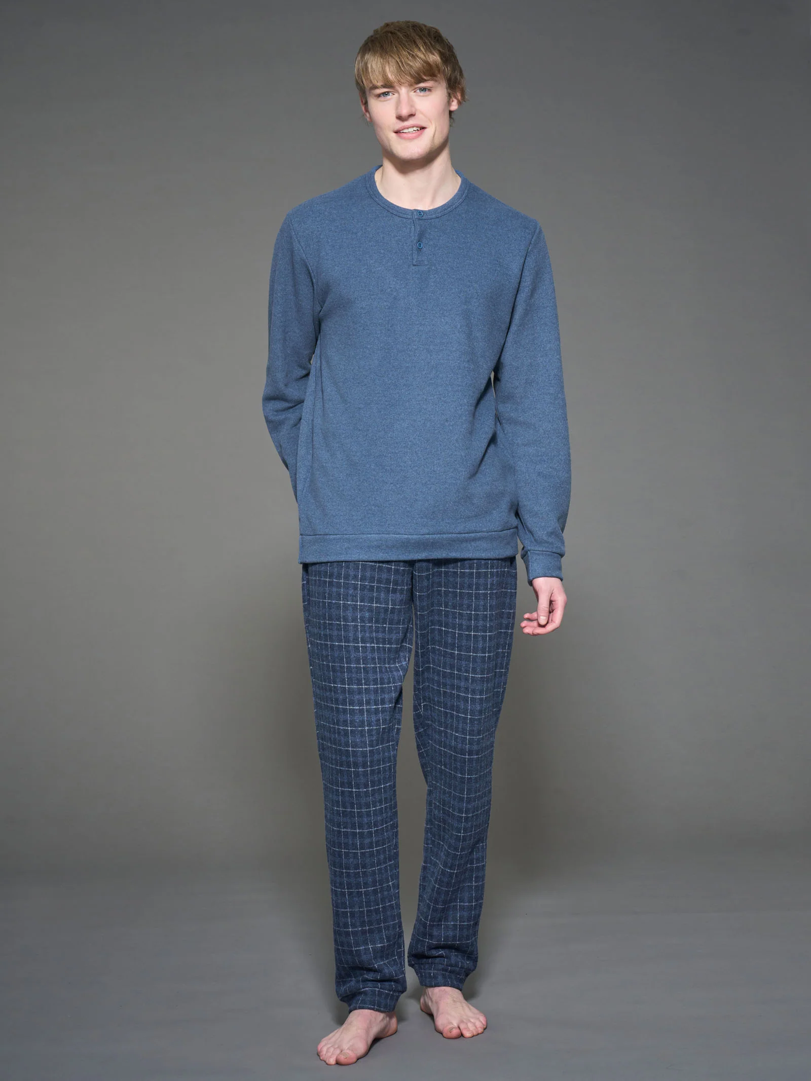 Pigiama a serafino in fantasia in Cotton Eco Pile - Fant.Indigo