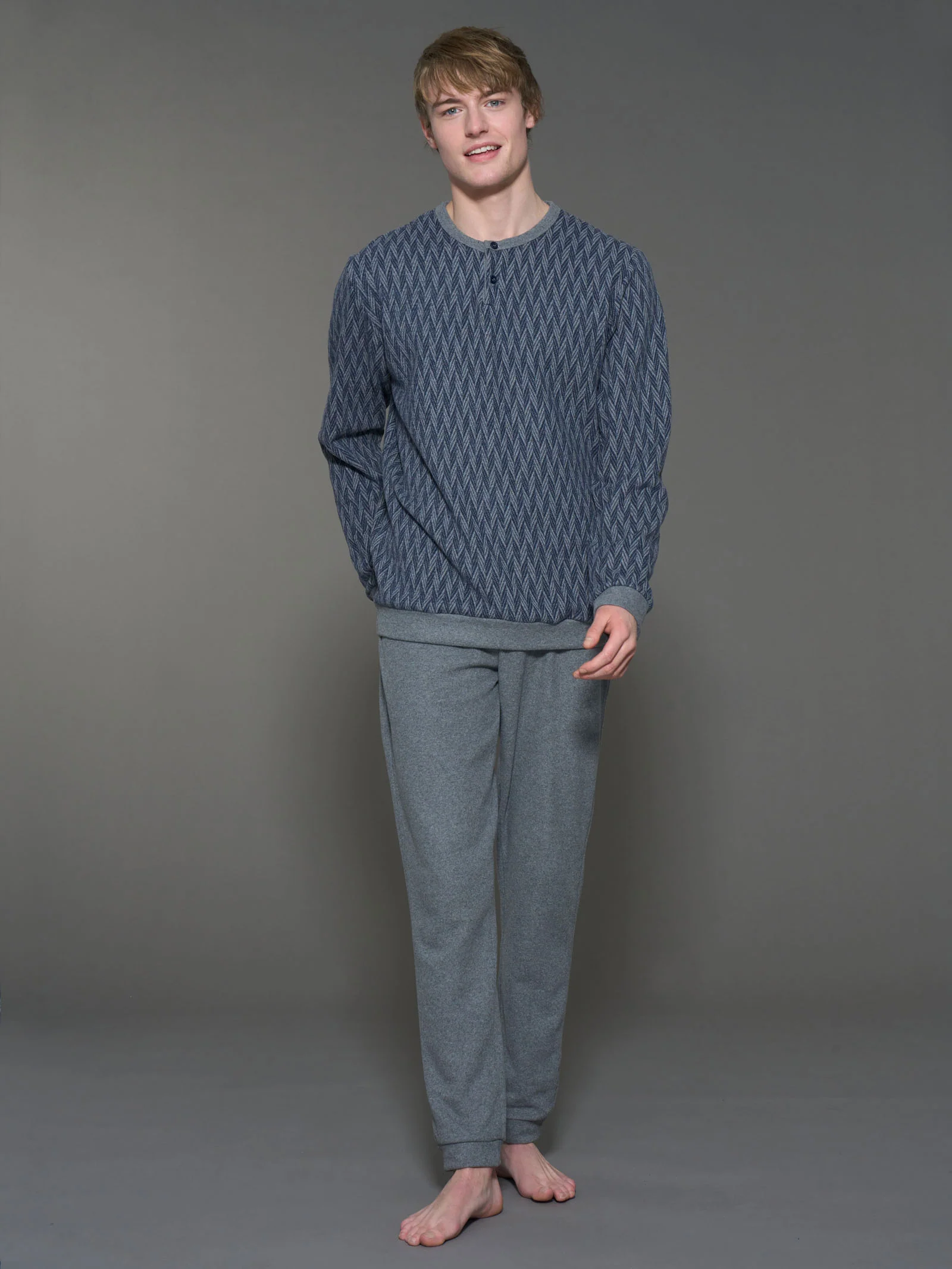 Pigiama a serafino spigato in Cotton Eco Pile - Fant. Indigo Mel.