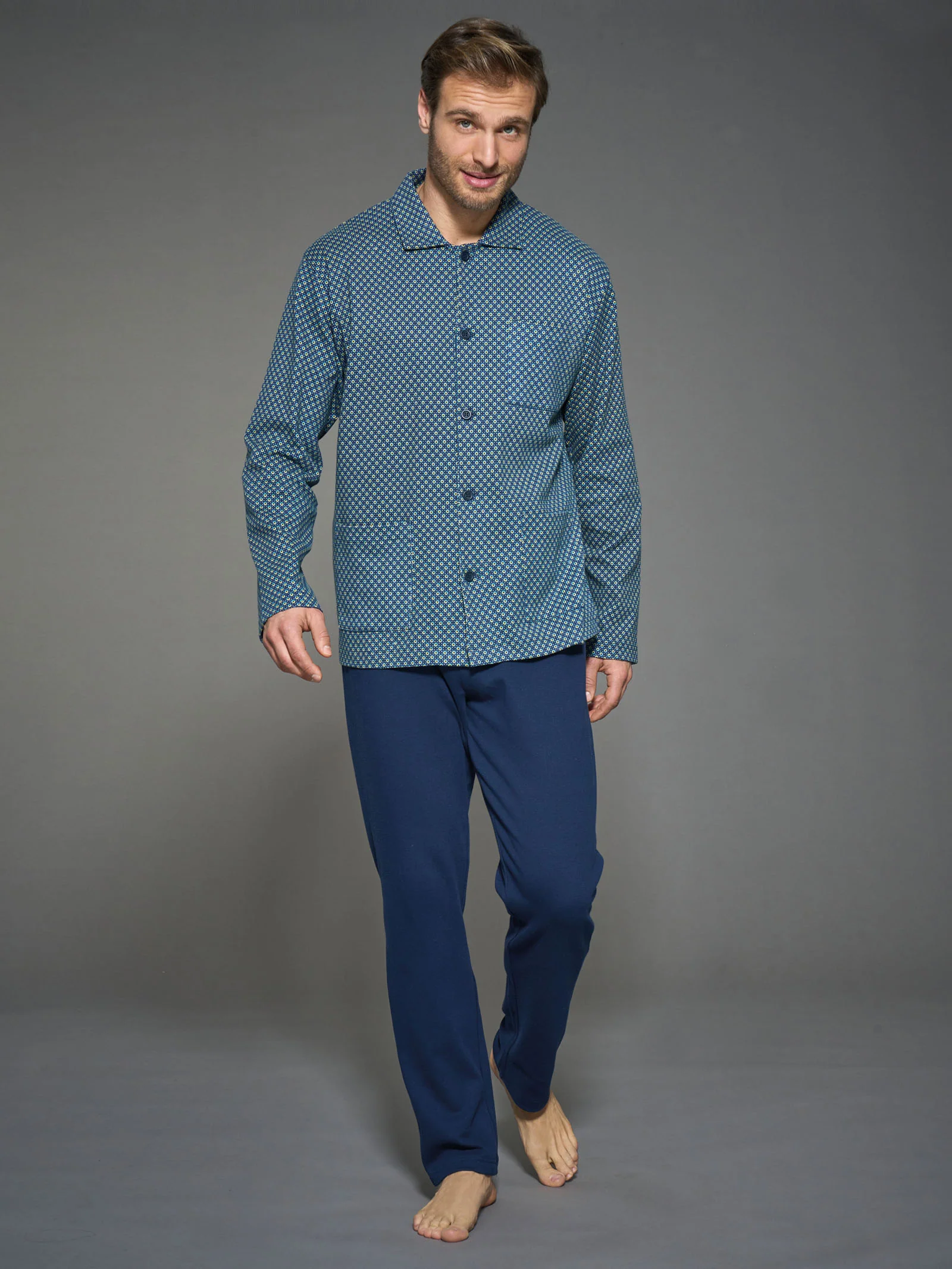 Pigiama aperto con colletto in interlock di caldo cotone - Fant. Navy Blazer