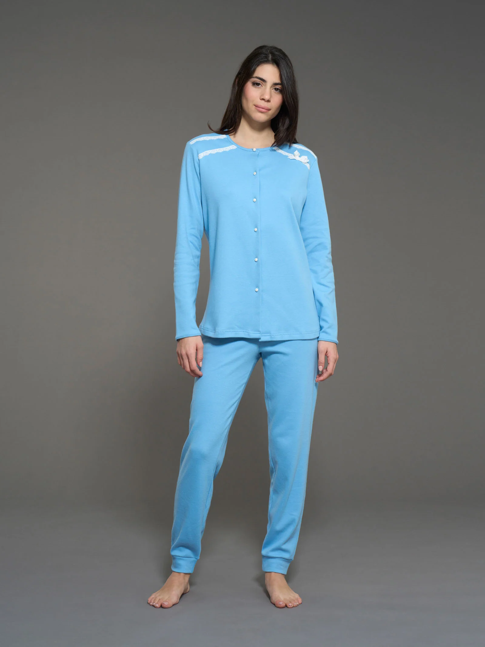 Pigiama aperto con perline in interlock di cotone - Dusk Blue