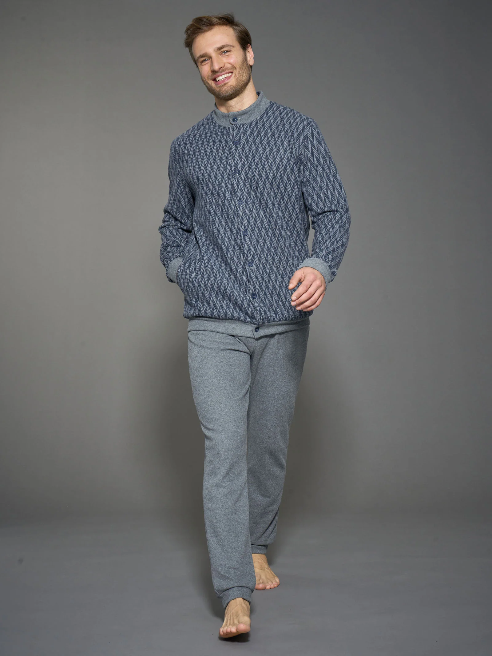 Pigiama aperto spigato in Cotton Eco Pile - Fant. Indigo Mel.