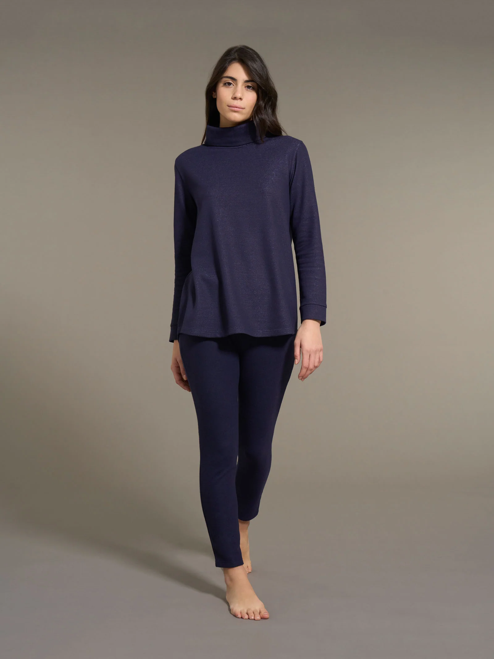 Pigiama con collo a vulcano in Cotton Eco Pile e Lurex - Tenebre