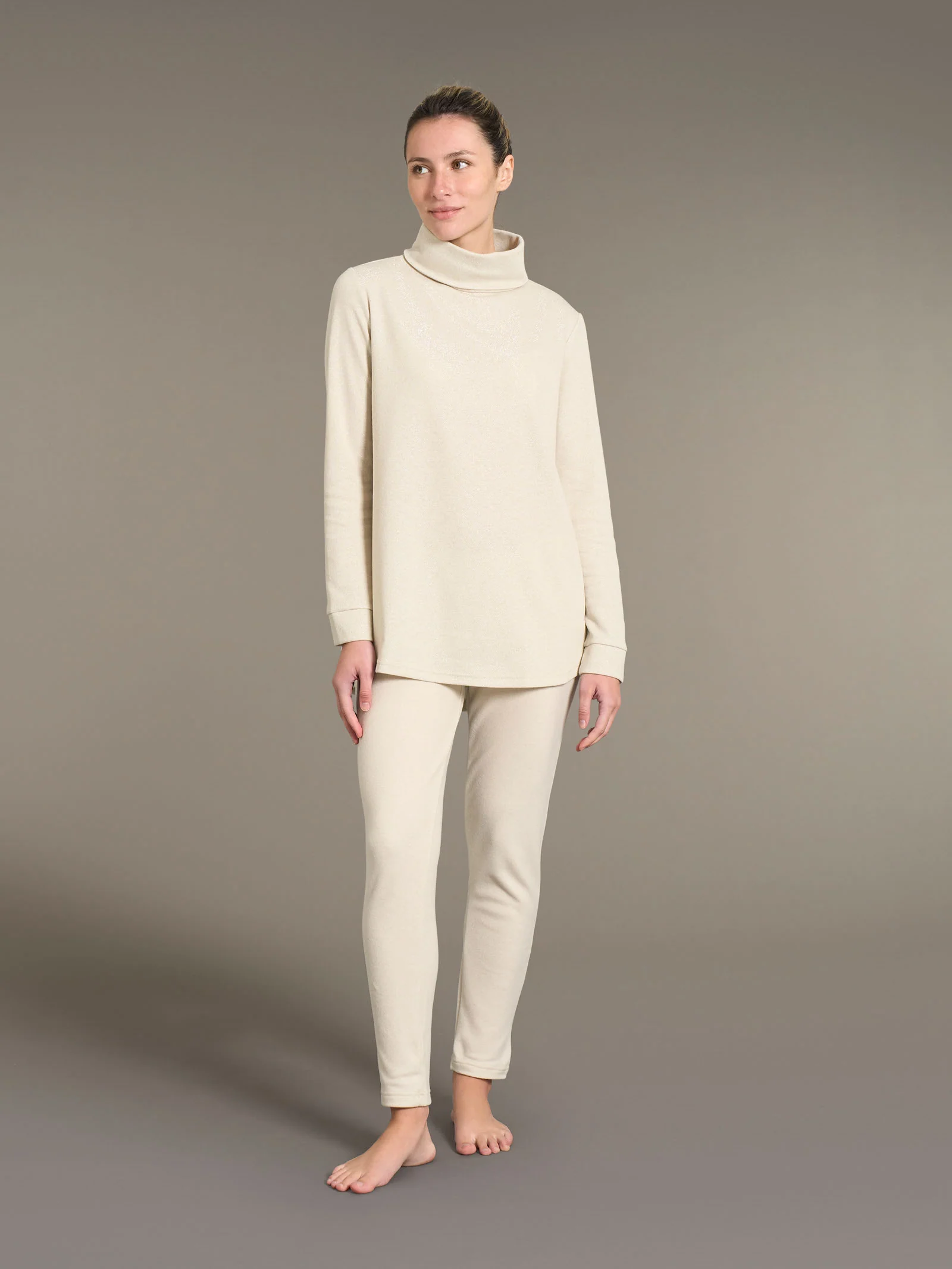 Pigiama con collo a vulcano in Cotton Eco Pile e Lurex - Off White