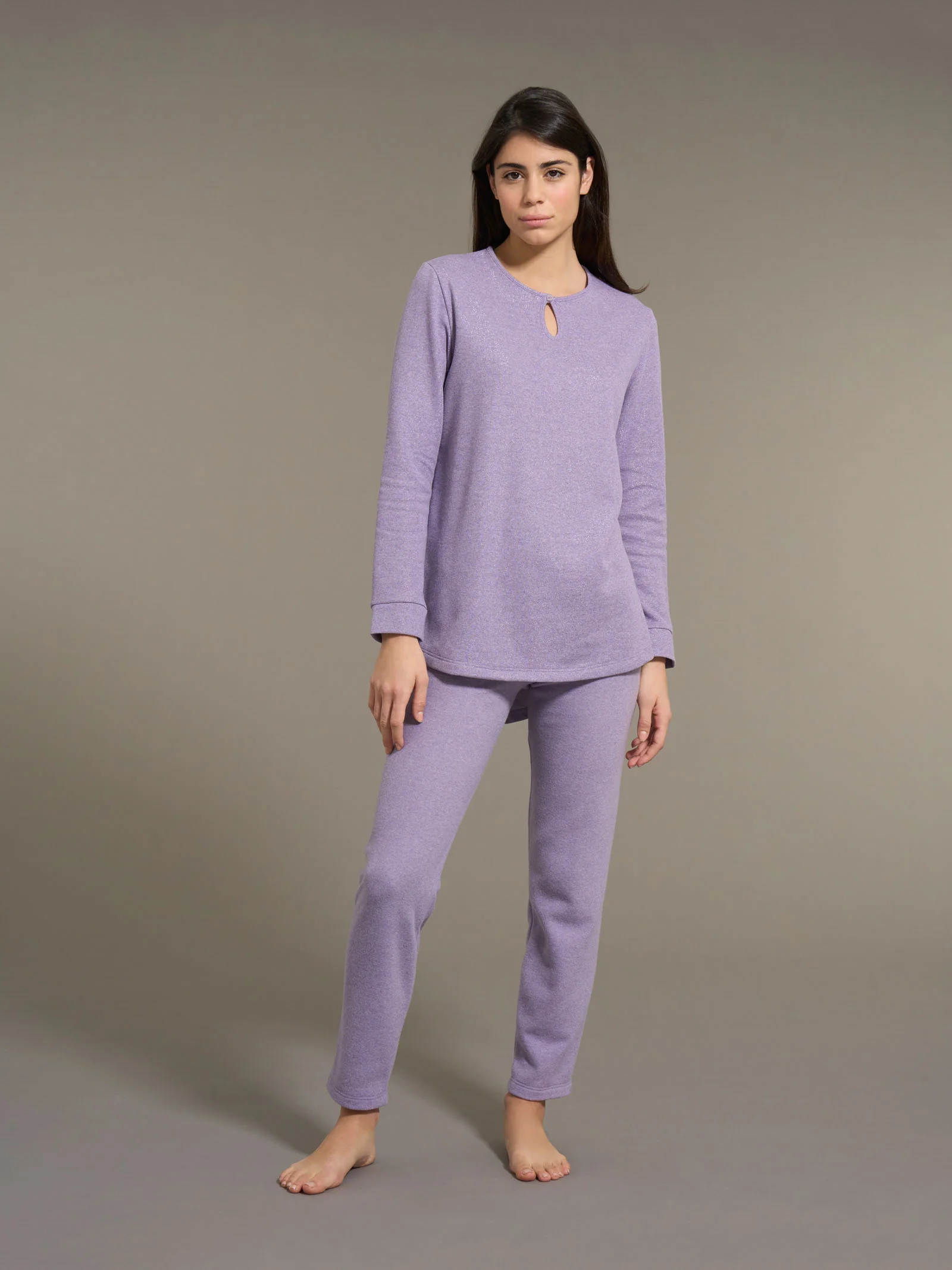 Pigiama con scollo a goccia in Cotton Eco Pile e Lurex - Lilla