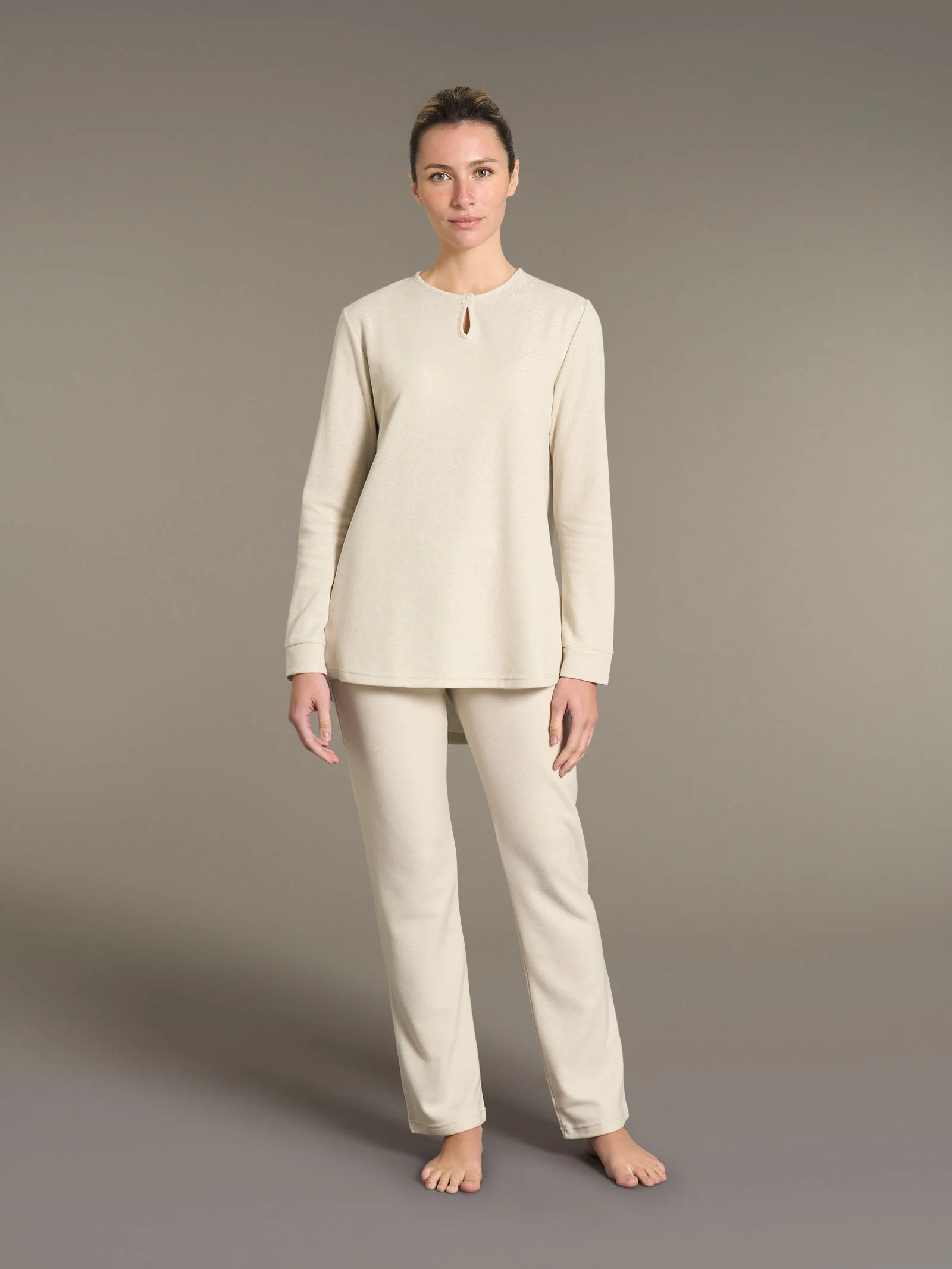 Pigiama con scollo a goccia in Cotton Eco Pile e Lurex - Off White