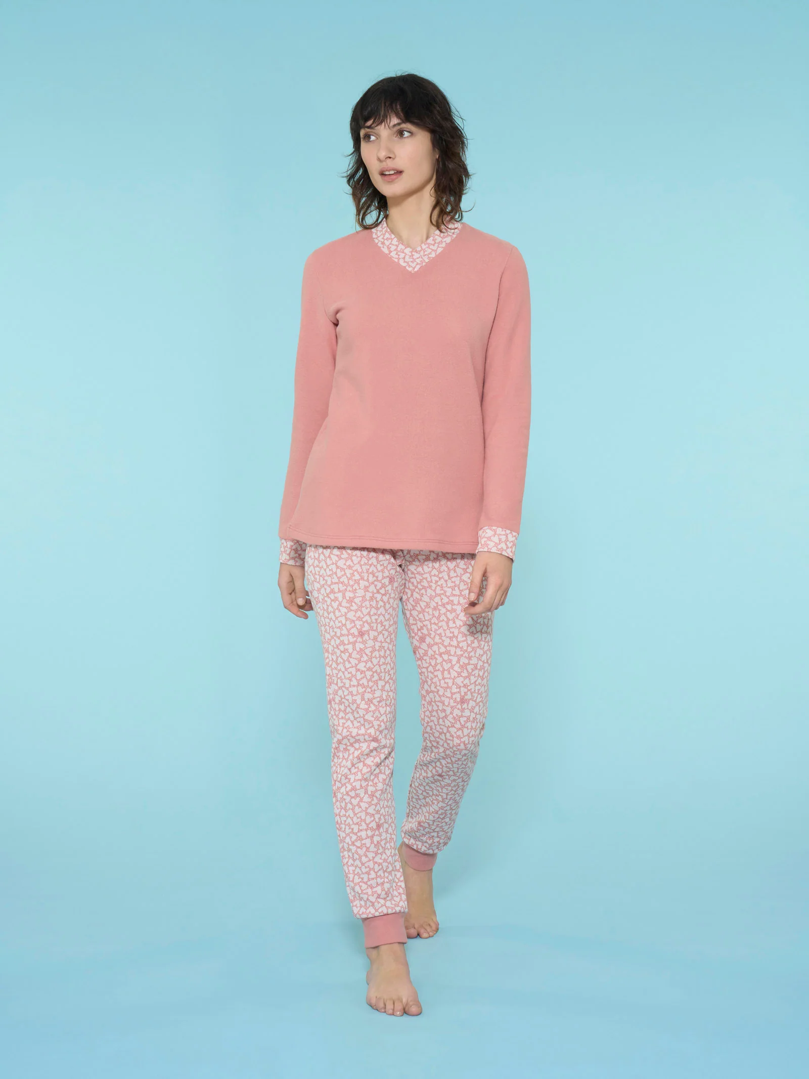 Pigiama con scollo a V e cuori in Cotton Eco Pile - Fant.Pesco