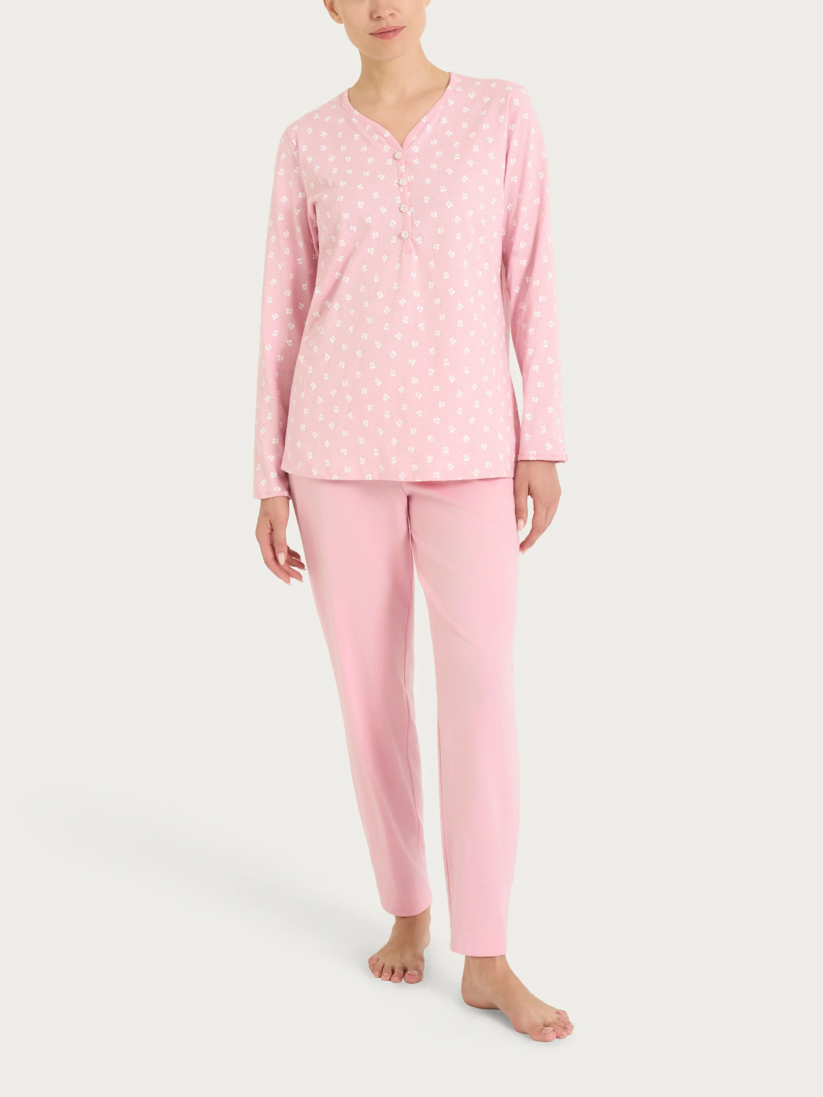 Pigiama in fantasia con collo a serafino in Jersey di cotone 52-56 - Fant. Cameo Pink