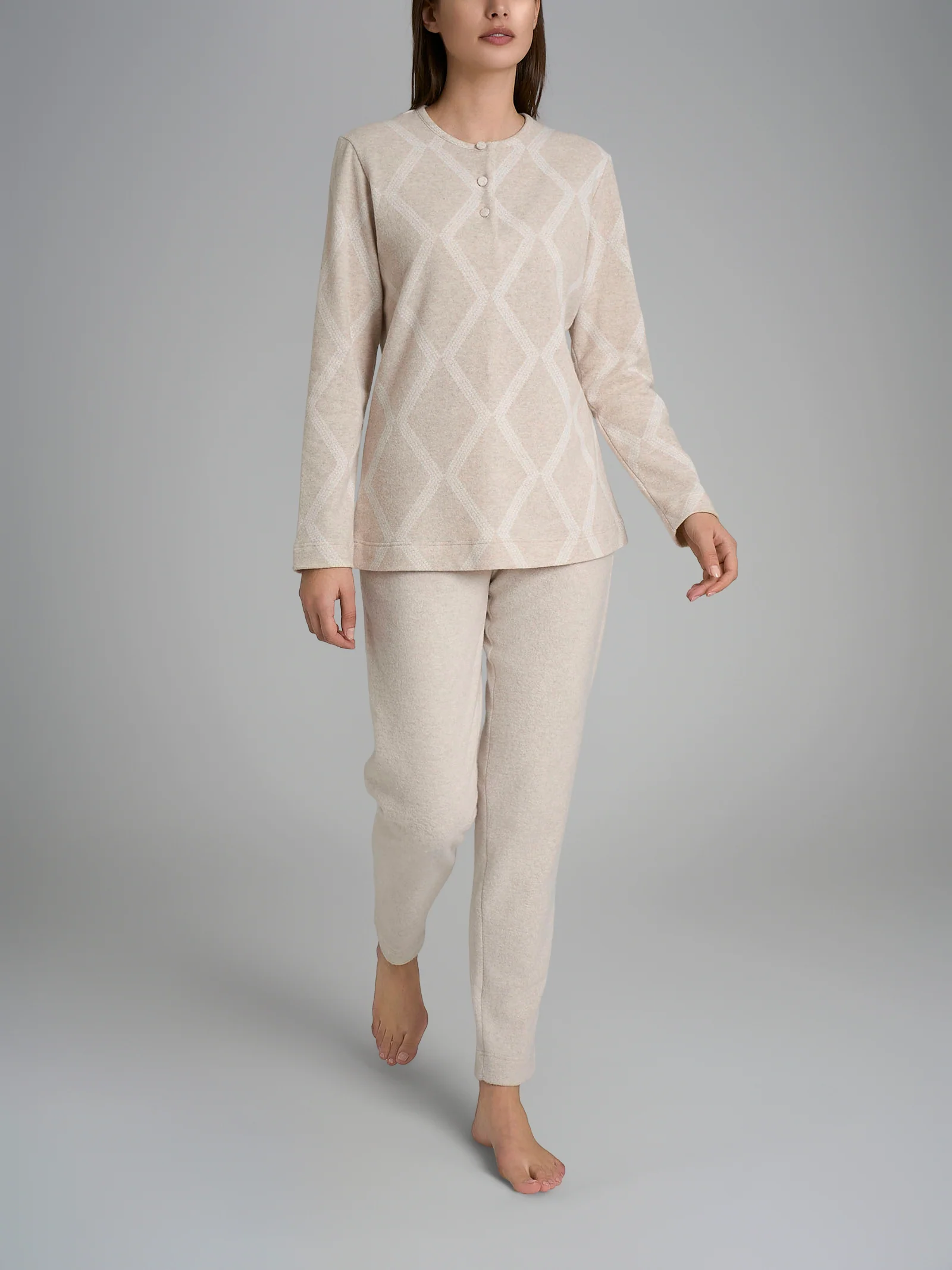 Pigiama serafino con fantasia in Cotton Eco Pile - Fant.Panna