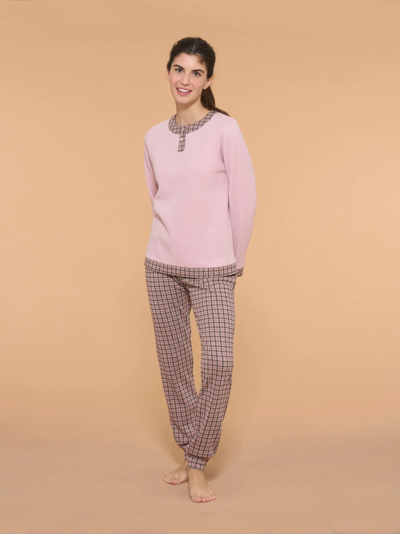 Pigiama serafino con pied de poule in Cotton Eco Pile e Lurex - Fant. Gloss