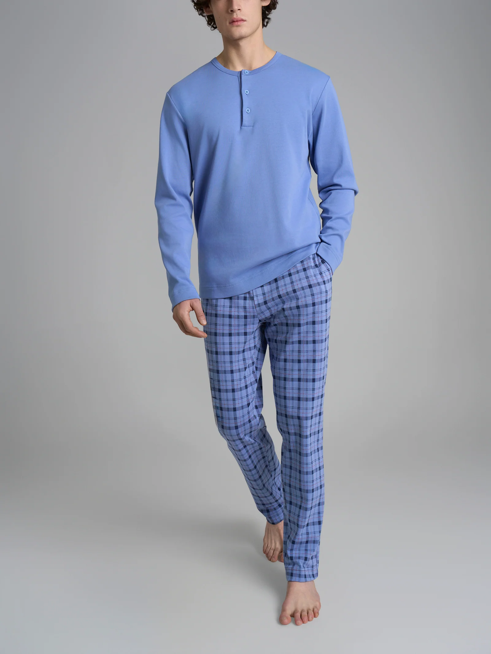 Pigiama tartan a serafino in interlock di cotone - Fant. Colony Blue Tartan