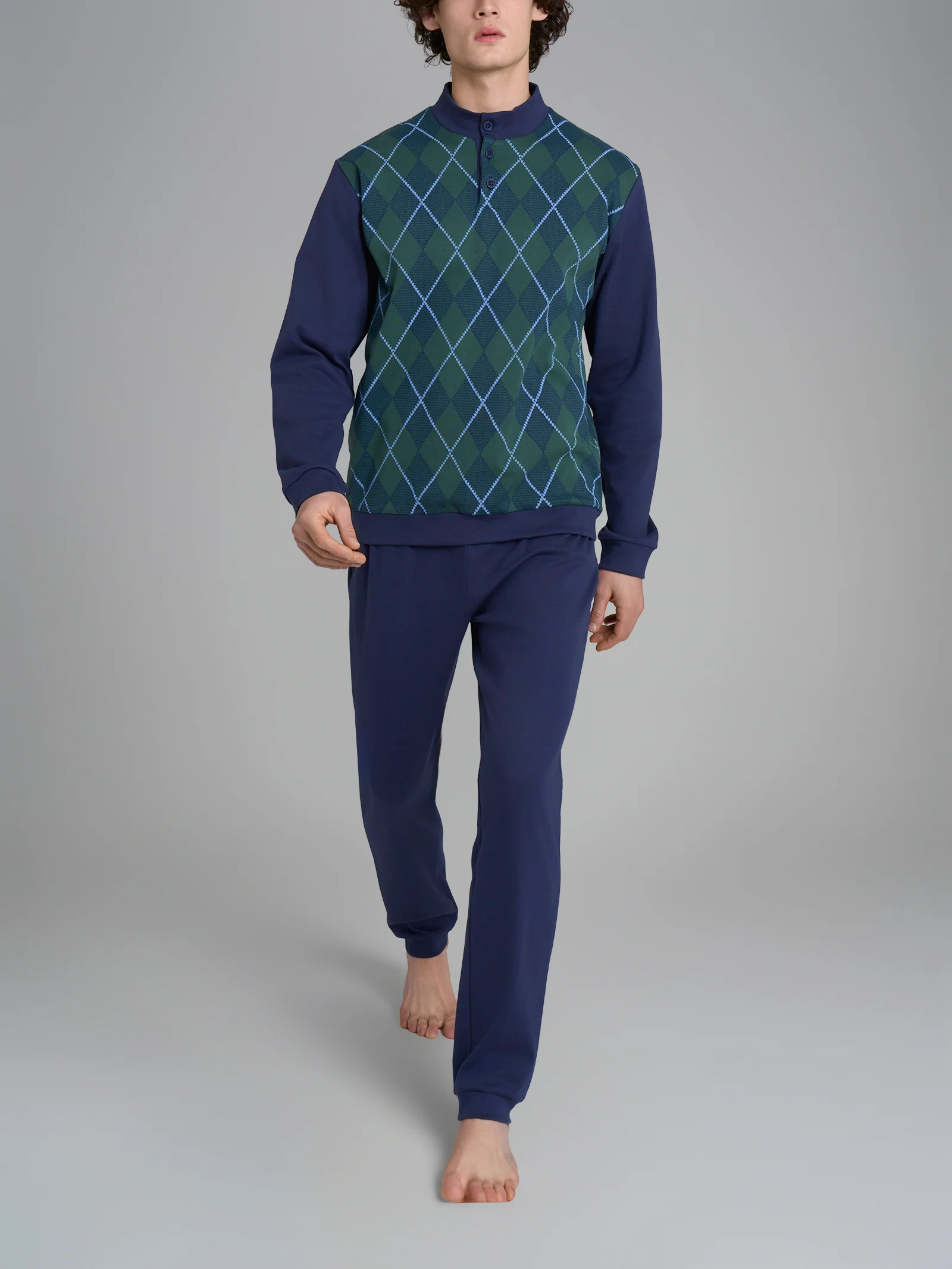 Pigiama tartan con collo lupetto in interlock di cotone - Fant. Trekking Green