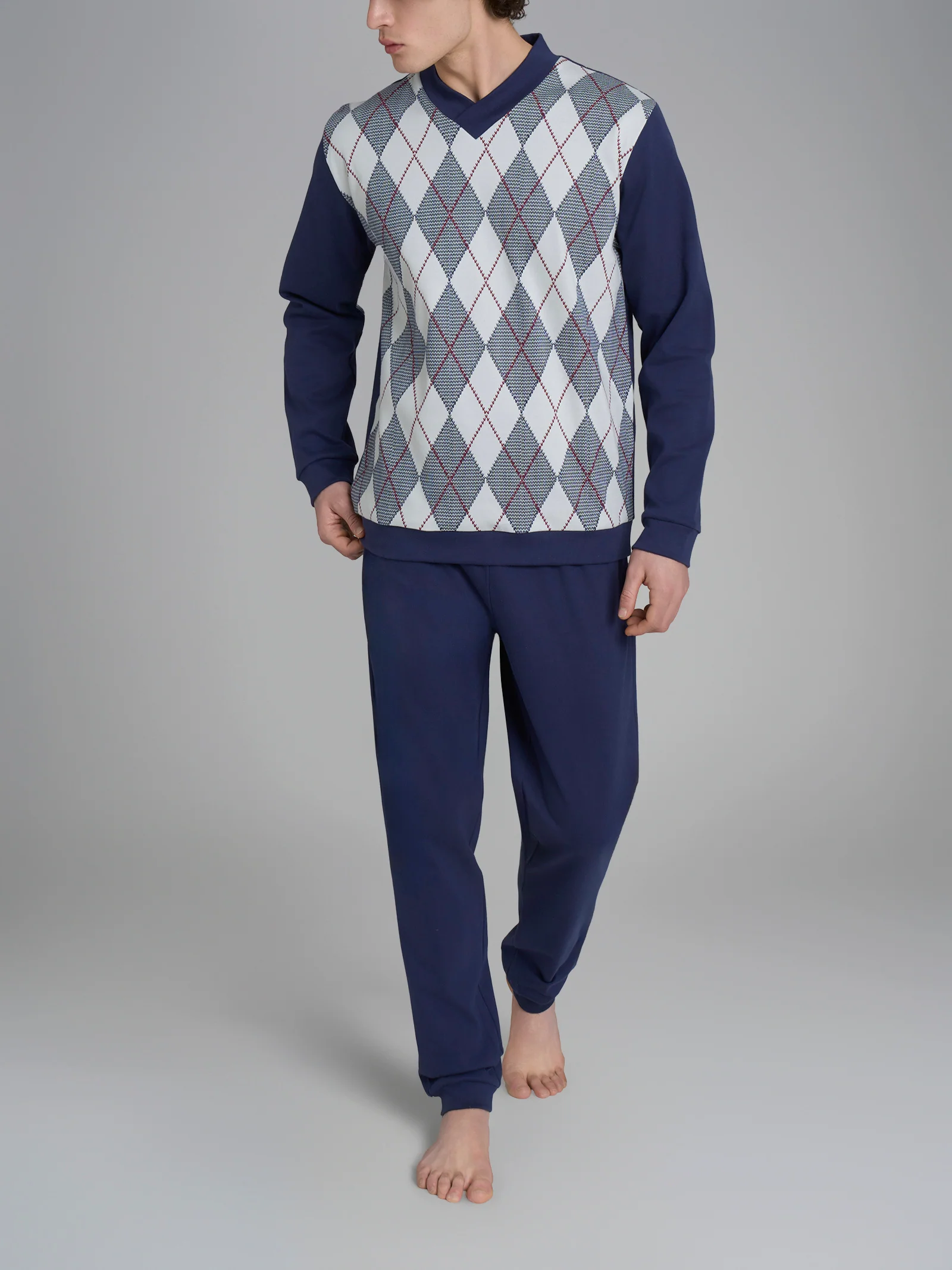 Pigiama tartan con scollo a V in interlock di cotone - Fant. High-rise