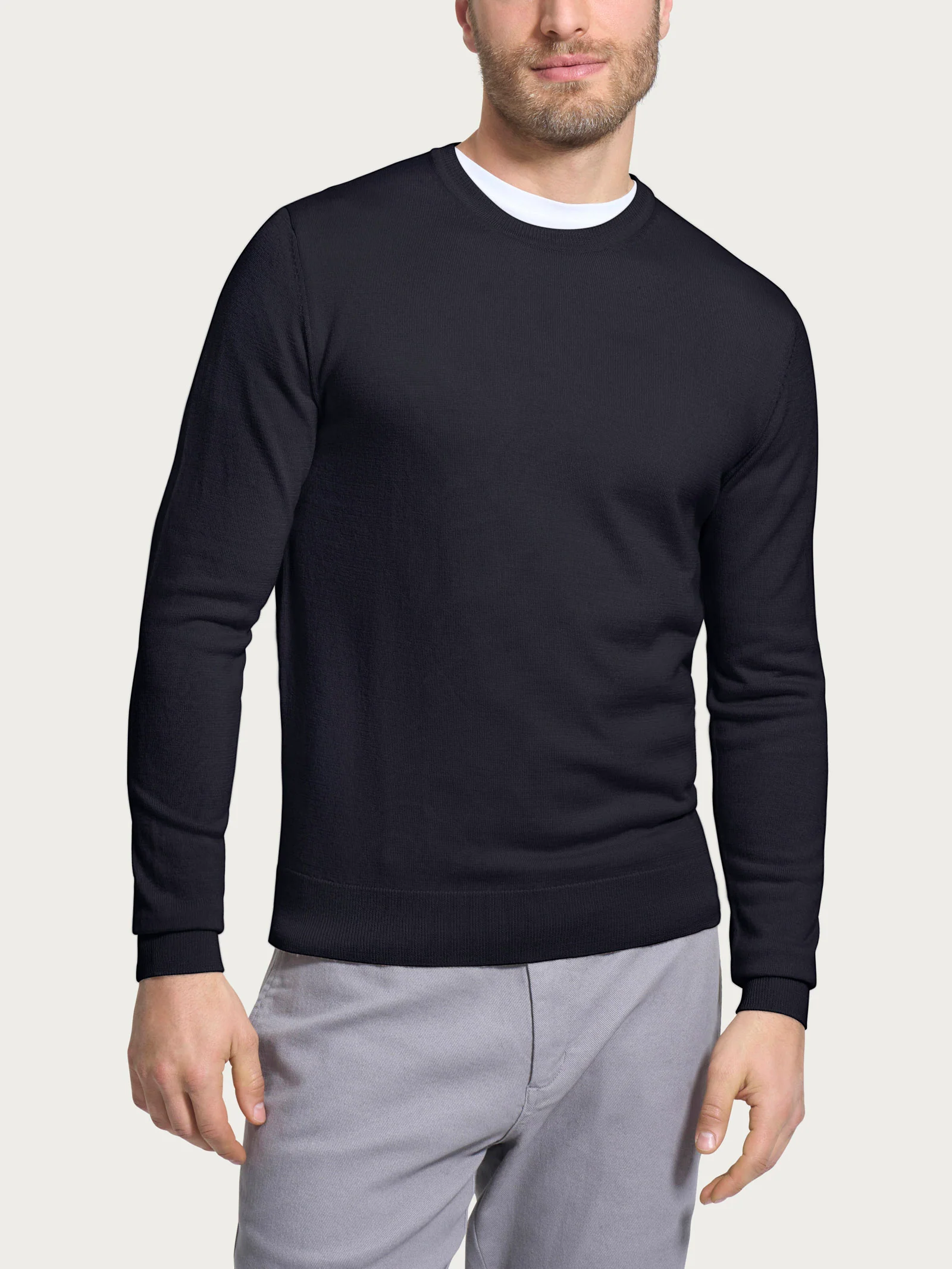 Pull girocollo a maglia unita in Merino Soft - Nero