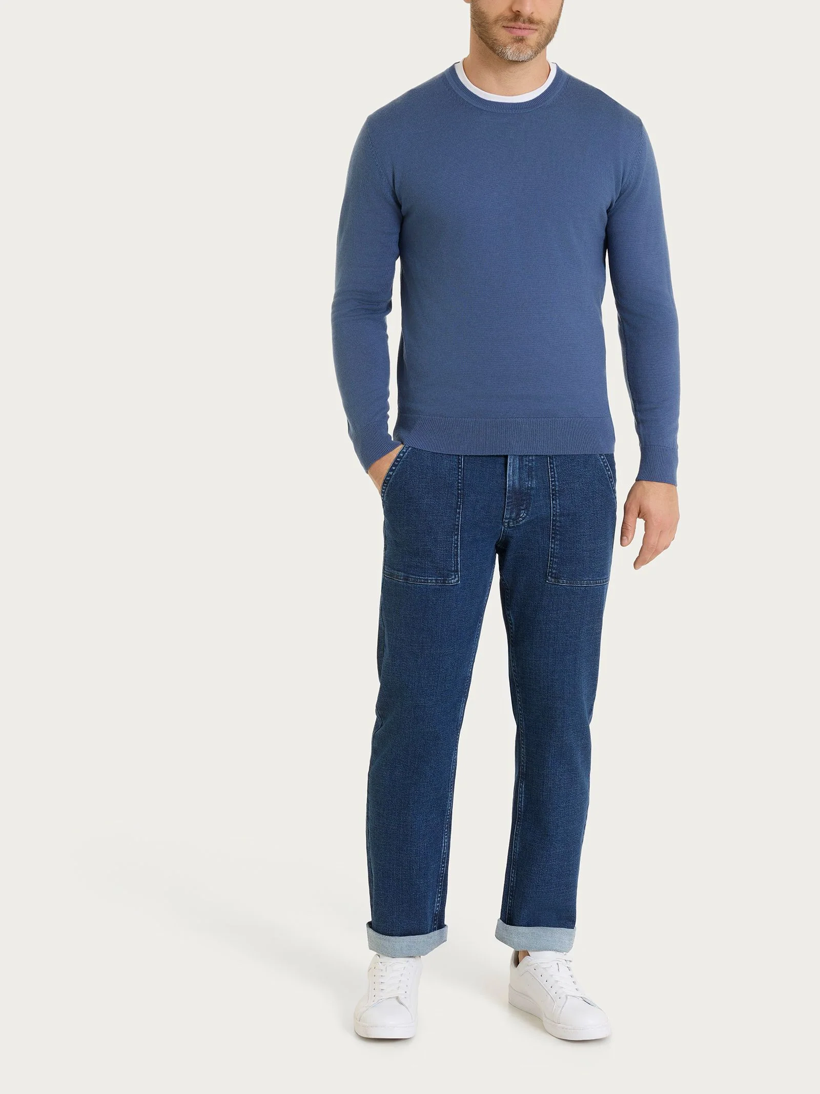 Pull girocollo a maglia unita in Merino Soft - Aviazione - Image 3