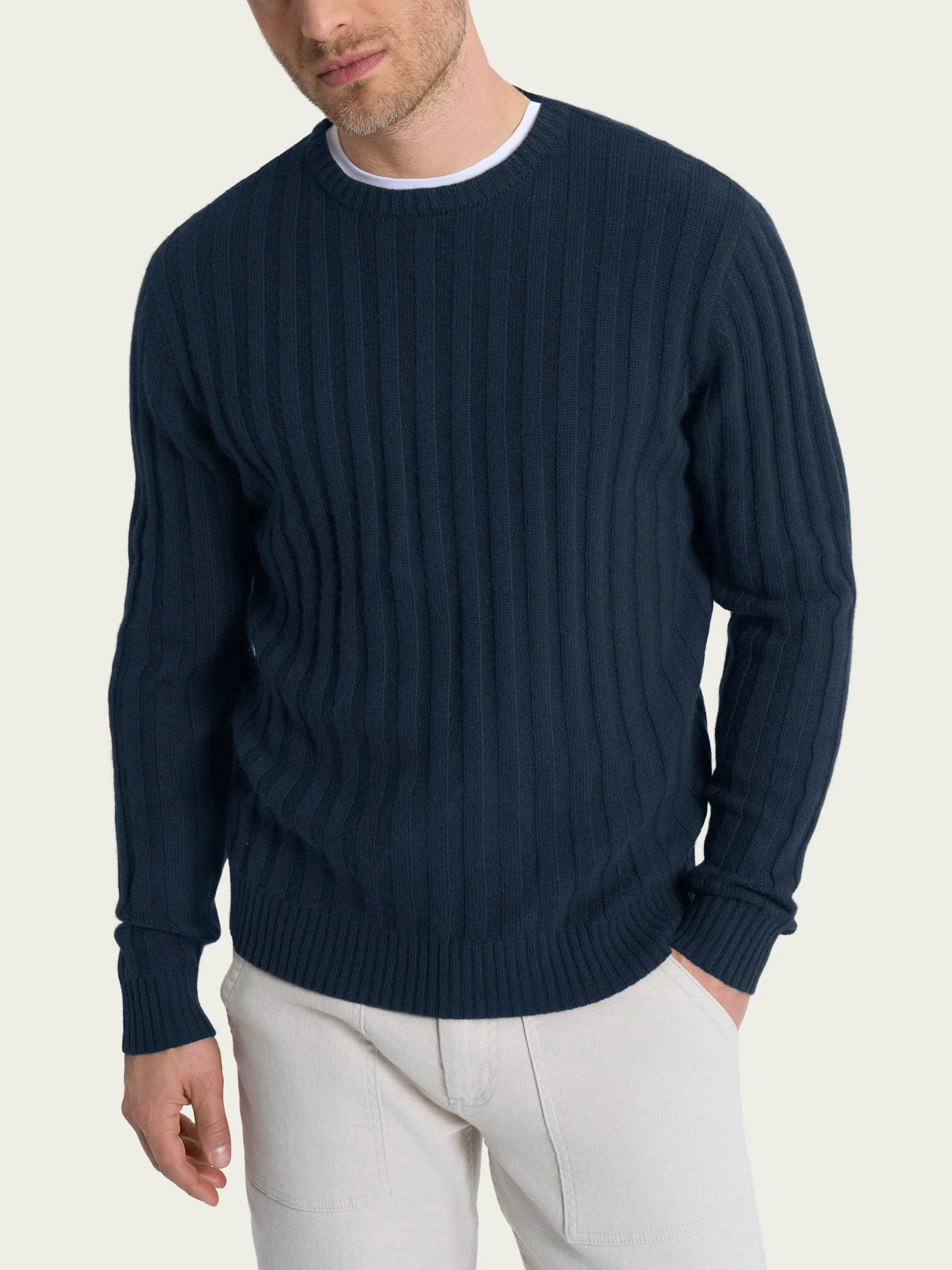 Pull girocollo con costa piatta in Natural Soft - Bleu