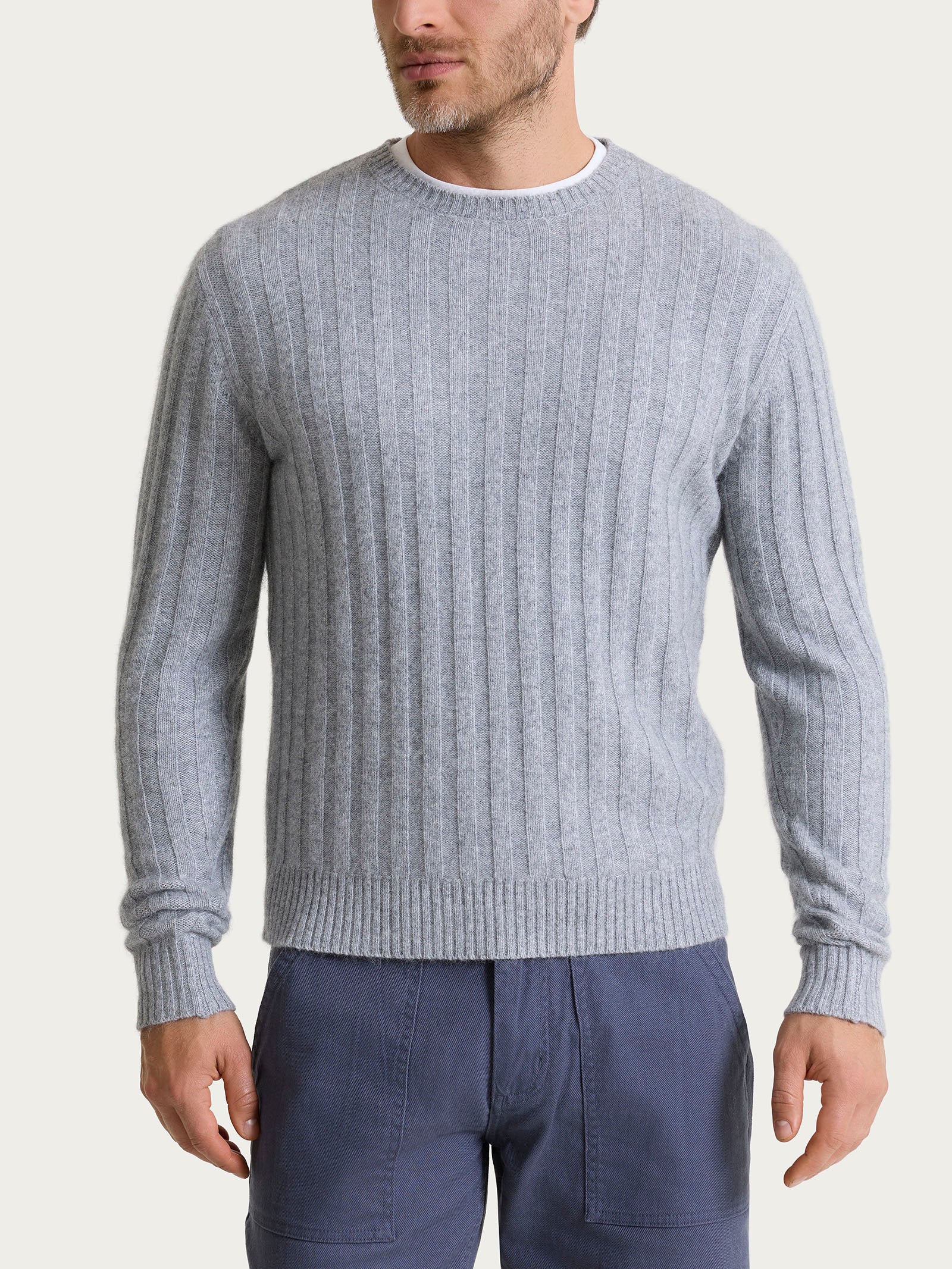 Pull girocollo con costa piatta in Natural Soft - Ghiaia Mel.