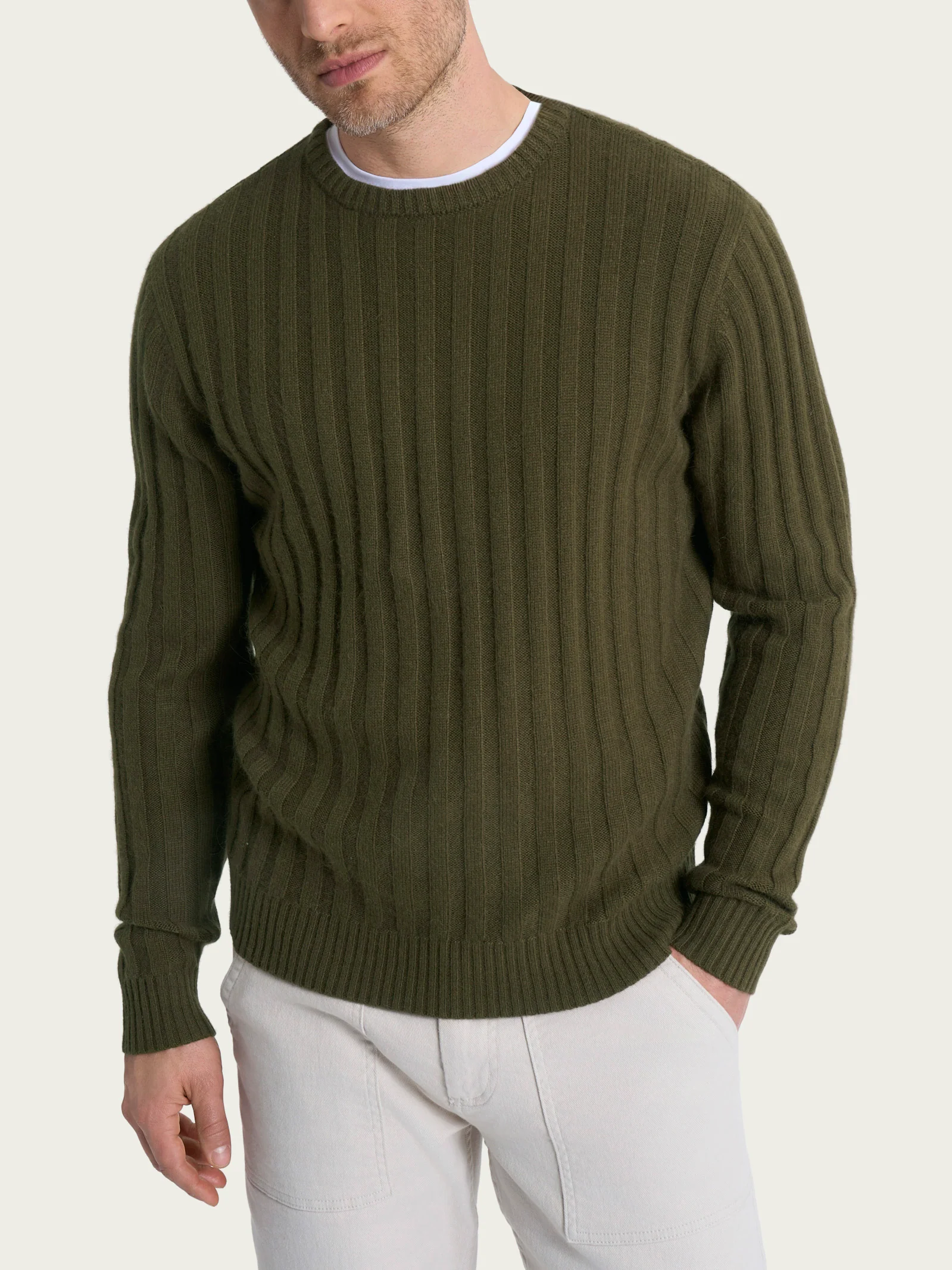 Pull girocollo con costa piatta in Natural Soft - Dark Olive