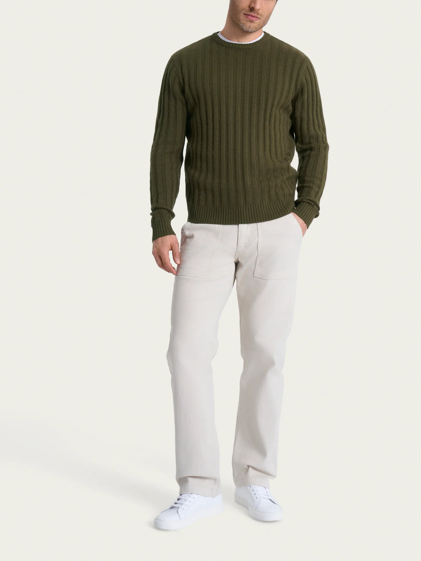 Pull girocollo con costa piatta in Natural Soft - Dark Olive - Image 4