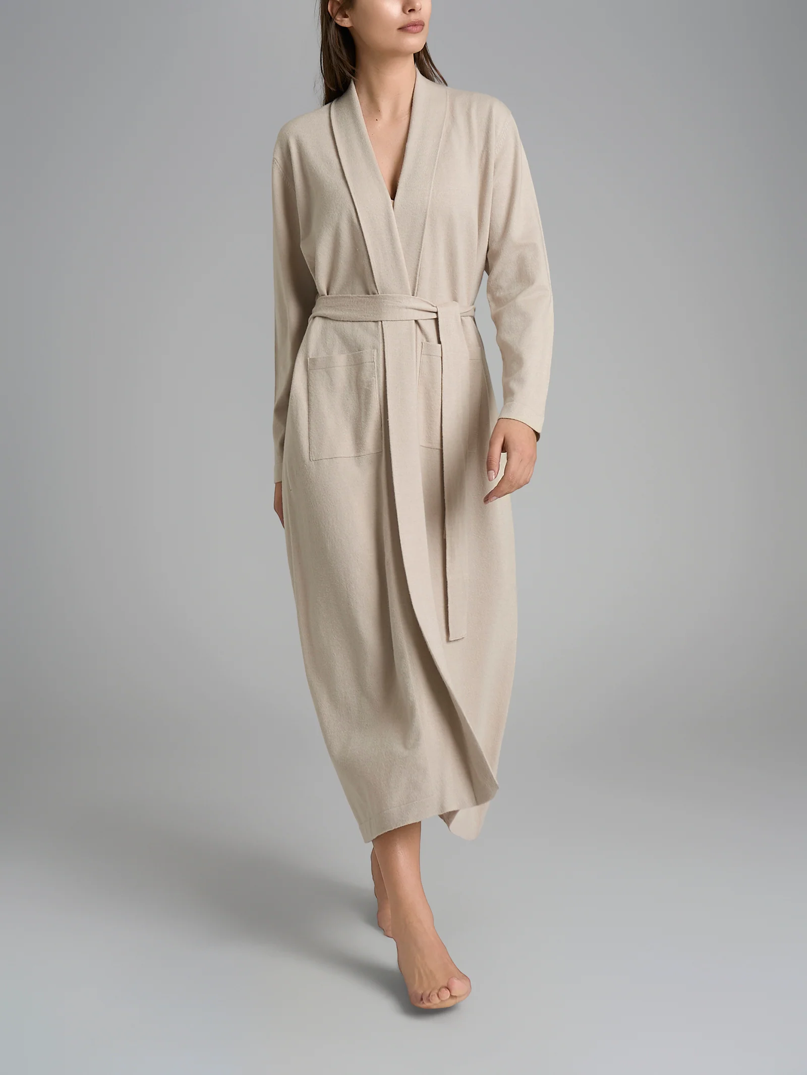 Vestaglia lunga con cintura in Super Soft - Champignon