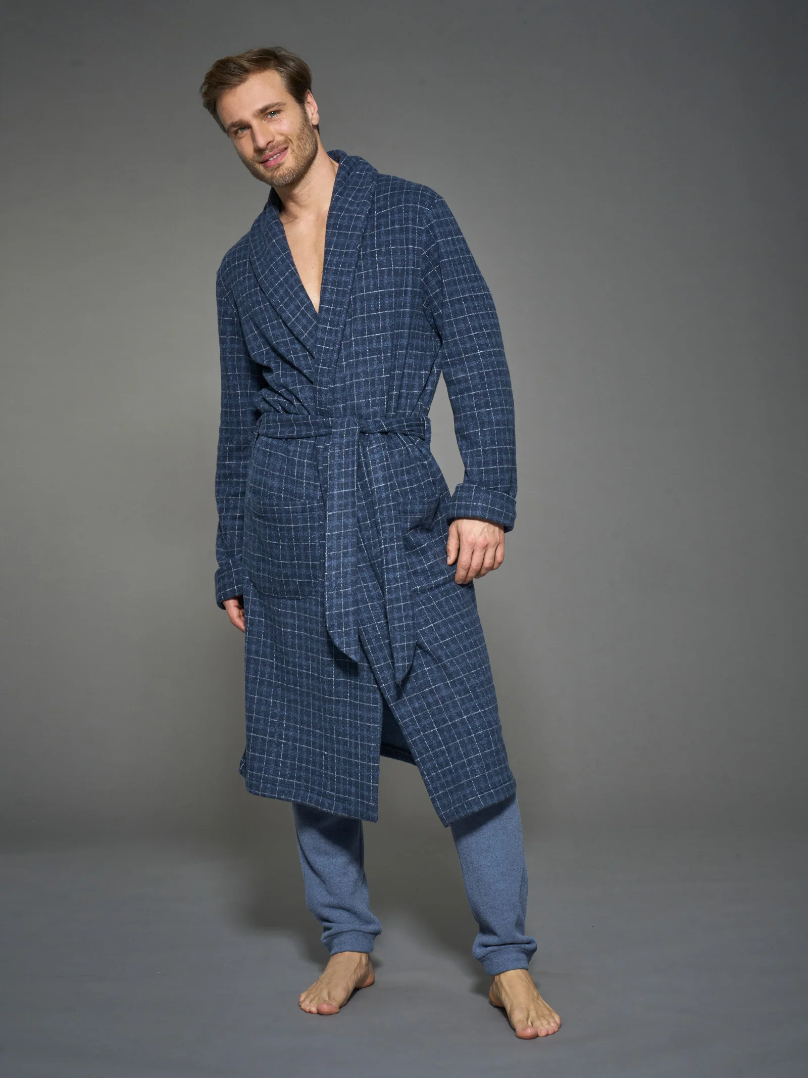 Vestaglia lunga da camera in Cotton Eco Pile - Fant.Indigo